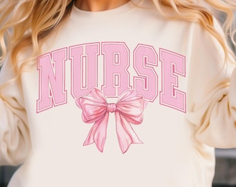 Nurse Sweatshirt | Pink Bow Nurse Crewneck | Collegiate Style Healthcare Apparel | Gift for Her