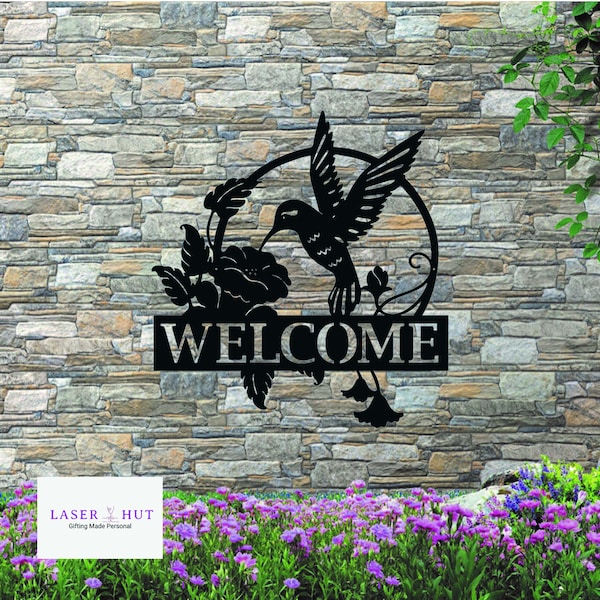 Hummingbird Welcome Sign, Metal Welcome Sign, Metal Wall Art, Garden Decor, Modern Wall Art