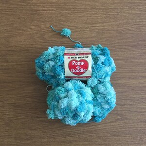 May include: A skein of blue and green yarn with pom-poms. The yarn is labeled "Red Heart Pom-a-Doodle."