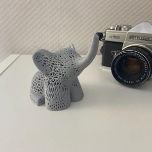 Op de afbeelding: Een grijs, 3D-geprint olifantbeeldje met een gedetailleerd, ingewikkeld ontwerp. De olifant staat op een wit oppervlak met een vintage camera op de achtergrond.