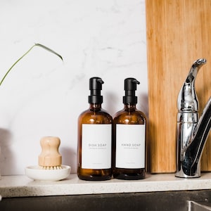 Set of 2, Hand and Dish Soap Dispenser, Amber Glass Soap Dispenser, Soap Dispenser Set, Kitchen Decor, Refillable, Minimalist Labels,