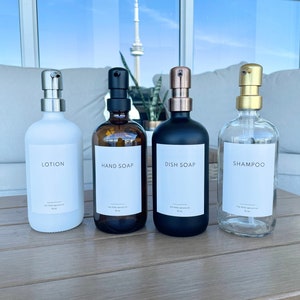 Black Glass Soap Dispenser Set: Refillable Shampoo Bottle, Waterproof Label