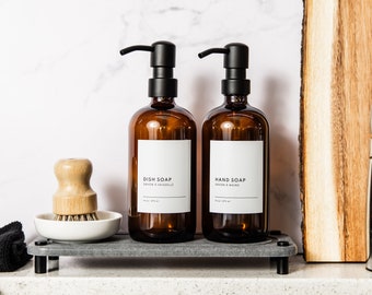 Hand & Dish Soap Dispenser Set: Glass Bottles, Kitchen Soap Tray