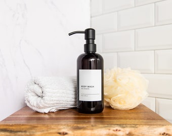 Amber PLASTIC Shampoo and Conditioner Bottles, Minimalist, Refillable Bottles, 16 oz, 32 oz, Soap Dispenser, Shower Dispenser Set