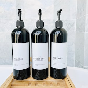 Refillable Plastic Shampoo Bottles: Minimalist Black Body Wash Dispenser, Waterproof Label