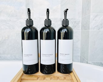 Refillable Plastic Shampoo Bottles: Minimalist Black Body Wash Dispenser, Waterproof Label