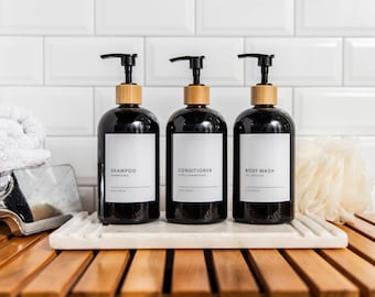 Set of 3 Black PLASTIC Shampoo and Conditioner Bottles, Body Wash Dispenser, Minimalist, Refillable Bathroom Bottles, Home Organization