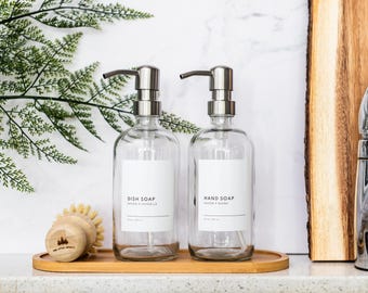 Clear Soap Dispenser, Glass Bottle with Pump, Hand and Dish Soap Dispenser, Waterproof Label, Refillable Bathroom Bottles, Housewarming Gift