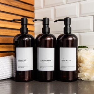 Set of 3 Amber PLASTIC Shampoo and Conditioner Bottles, Body Wash Dispenser, Minimalist, Refillable Bathroom Bottles, Home Organization