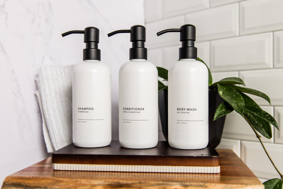 Set of 3 White PLASTIC Shampoo and Conditioner Bottles, Body Wash