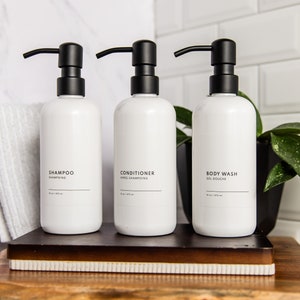 Set of 3 White PLASTIC Shampoo and Conditioner Bottles, Body Wash Dispenser, Minimalist, Refillable Bathroom Bottles, Home Organization