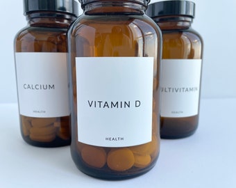 Amber Pill Bottle, Vitamin Labels, Glass Pill Bottle, Vitamin Bottles
