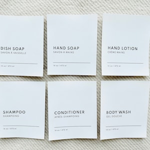 Minimalist Labels, Custom, French Labels, Home Organization, Bathroom Labels, Hand Soap Dish Soap, Shampoo and Conditioner