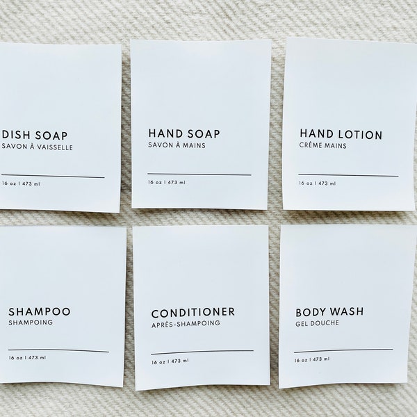 Minimalist Labels, Custom, French Labels, Home Organization, Bathroom Labels, Hand Soap Dish Soap, Shampoo and Conditioner