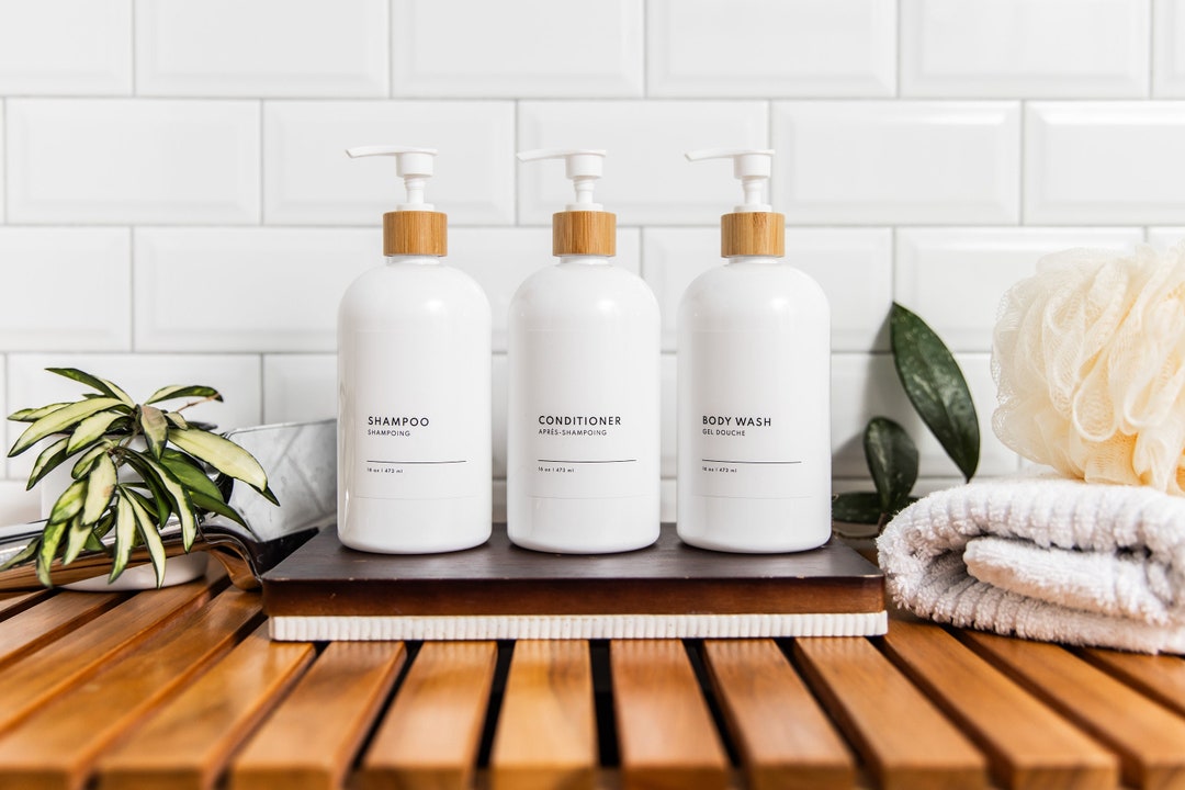 Set of 3 White PLASTIC Shampoo and Conditioner Bottles, Body Wash