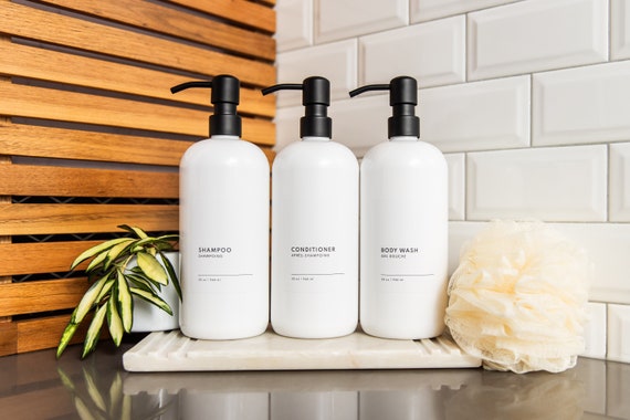 32 oz Pump Bottle, White PLASTIC Shampoo and Conditioner Bottles, Custom Labels, Minimalist, Refillable Bottles, Shower Dispenser Set we