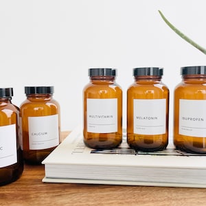 Amber Pill Bottle, Vitamin Labels, Glass Pill Bottle, Vitamin Bottles, Amber Glass Jar, Amber Glass Bottle, Vitamin Jar, Glass Food Storage