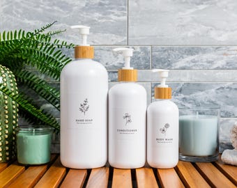 White Plastic Refillable Shampoo and Conditioner Bottles: Minimalist Shower Dispenser Set