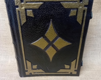 Large Black Leather Grimoire - Journal - Black leather with sculptured boards & Leather and Brass Clasps.