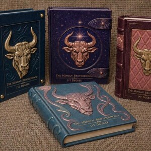 May include: Four hardcover books titled The Minoan Brotherhood 1st Degree. Three stand upright in blue, purple, and maroon, while one lies flat in teal. Each features a raised gold-toned bull head emblem on the cover and decorative embossed details.