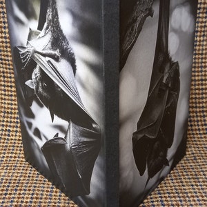 May include: A black and white photo of two bats hanging upside down. The photo is printed on the cover of a black journal.