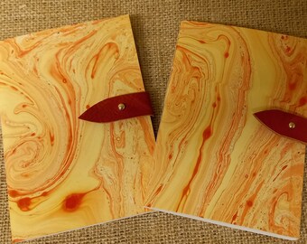 A6 Notebook - Pair - Red Leather - Marbled Paper - Notebook - Journal - Diary - Birthday gift - Valentine gift - Travel Journal