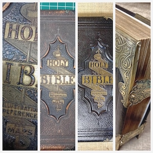 Puede incluir: Antigua Santa Biblia con adornos metálicos. La cubierta de cuero marrón oscuro presenta letras doradas y esquinas metálicas decorativas. El texto "Holy Bible" es claramente visible.