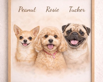 Custom Triple (3) Pet Portraits from Photo, Dog Portraits from Photo, Pet Memorial Gift, Digital Pet Drawing, Printable Pet Love Gift
