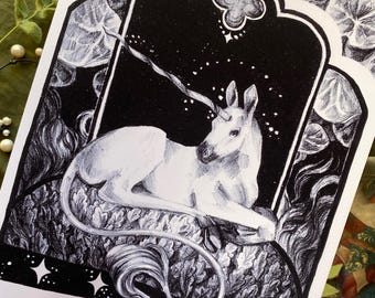 Deer Unicorn Art Print | Unicorn Tapestry Medieval Inspired Illustration | 9 x 11 Print