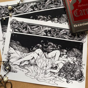 Les amants vampires | Impression d'art d'horreur gothique lesbienne | Illustration inspirée de Carmilla