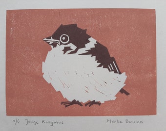 Handmade linocut print of a young tree sparrow
