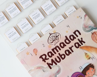 Paquete de Adviento de Ramadán personalizado, calendario de chocolate, póster con lista de oración, libro islámico para niños, regalo de Eid Ramadán hecho a mano