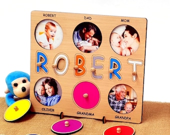 Personalized Photo Puzzle for Baby Girl or Baby Boy | Wooden Name Puzzle with Family Pictures Colorful | Birthday, Baby Shower, Christmas