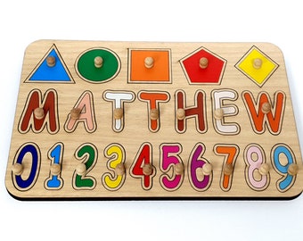 Regalos para niños pequeños de 1er cumpleaños, rompecabezas de nombre de madera, juguetes Waldorf, mesa de juegos de mesa Learning Shapes