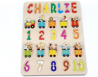 Rompecabezas de nombres de madera Letras y números, Juguete de aprendizaje Montessori para niños pequeños, Regalo personalizado para niños