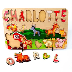 Namenspuzzle aus Holz, Puzzle mit Tiere Bauernhof, Lernspielzeug Baby Geschenk, Personalisiert Pädagogisches Montessori Spielzeug