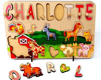 Rompecabezas de nombre de madera con animales, tablero ocupado aprendiendo animales de granja, regalo de baby shower para una canasta