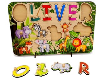 Rompecabezas de madera para bebé con clavijas, juguete de aprendizaje Monessori, rompecabezas de nombre personalizado con animales, regalo de cumpleaños para niños
