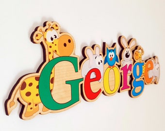 Wooden name sign with print, Door sign kids, Kids bedroom sign, Baby gift, Name board animals, Personalized wall hanger, Custom gift kids