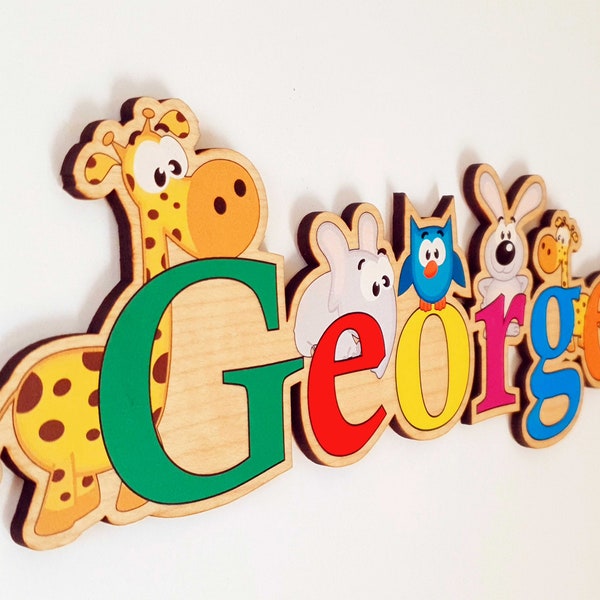 Wooden name sign with print, Door sign kids, Kids bedroom sign, Baby gift, Name board animals, Personalized wall hanger, Custom gift kids