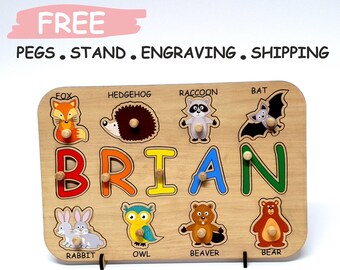 Rompecabezas de nombre personalizado con animales / Juguete para bebés / Rompecabezas de madera Juguetes Waldorf / Baby Shower / Regalo de Pascua / Primer cumpleaños Niña y niño