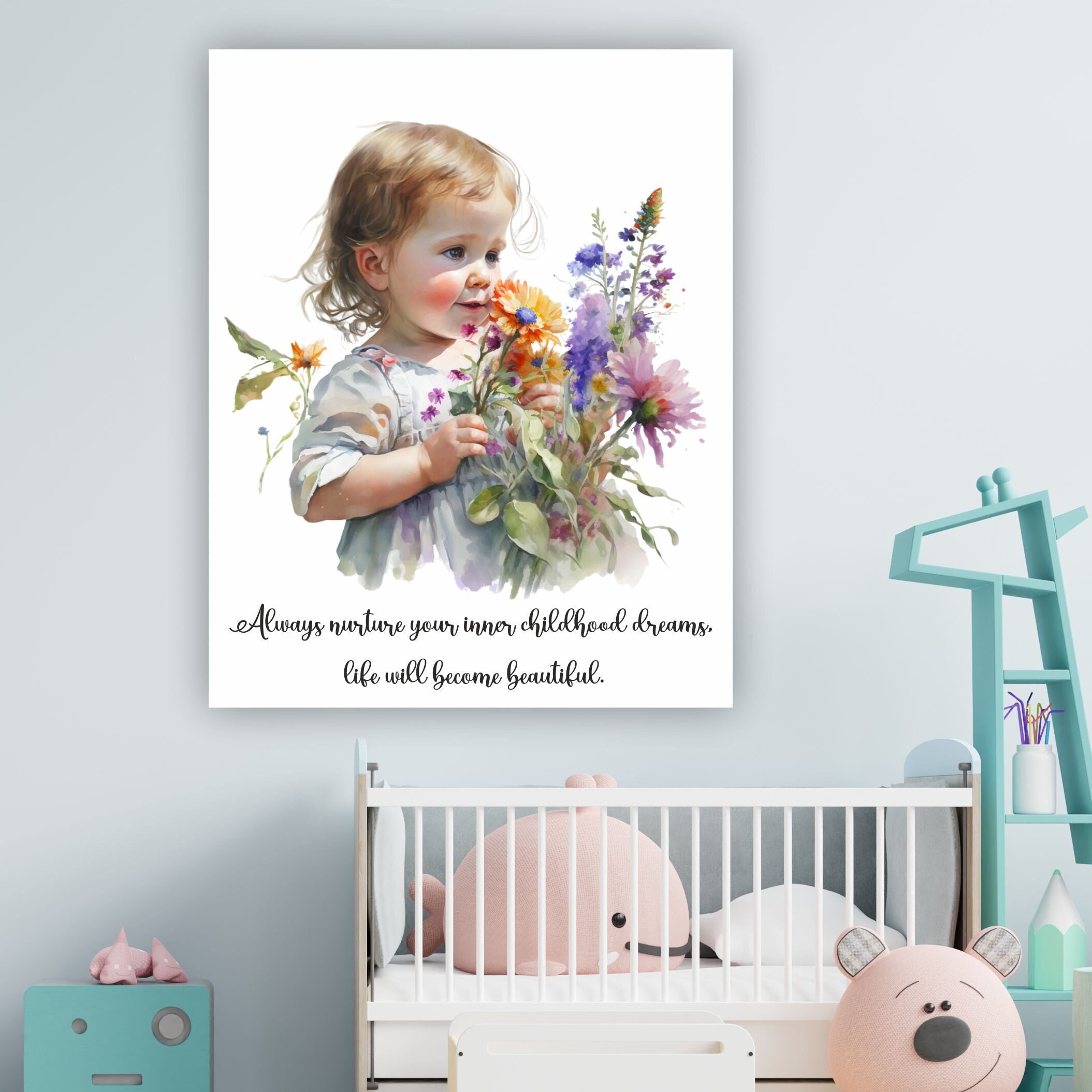 Baby and Flowers Watercolor Wall Art Print, Baby Birthday Gift, Nursery ...