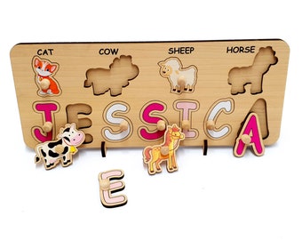 Rompecabezas de nombre de madera para una niña / Regalo de cumpleaños personalizado Rompecabezas de animales de granja / Juguete sensorial Animales de aprendizaje