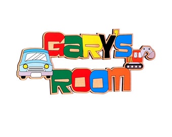 Coches y camiones Guardería Niños Dormitorio Puerta Signo, Nombre del niño, Letrero de madera impreso, Baby Shower Regalo personalizado, Regalo de cumpleaños