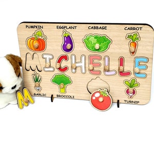 Rompecabezas de nombre de madera con frutas verduras, juguete para niños pequeños Regalo personalizado, Juguetes para bebés Montessori Play Food