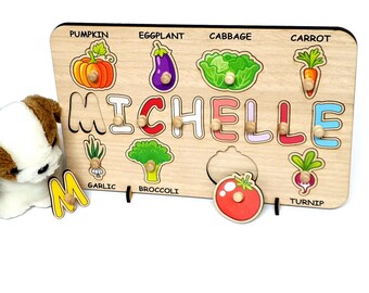 Rompecabezas de nombre de madera con frutas verduras, juguete para niños pequeños Regalo personalizado, Juguetes para bebés Montessori Play Food