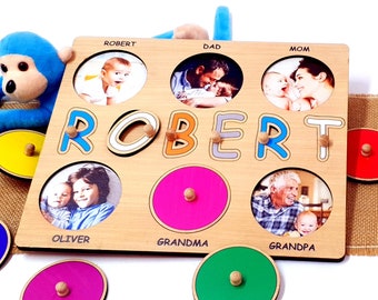 Rompecabezas de nombres de madera con fotos familiares / Regalos personalizados para bebés / Juguetes Montessori