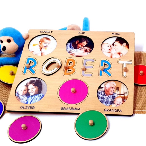 Puzzle de nom en bois avec photos de famille | Cadeaux de bébé personnalisés | Jouets Montessori