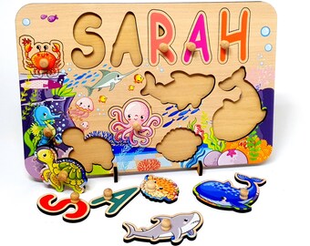 Rompecabezas de nombre de madera con clavijas / Juguetes para bebés Montessori de escuela en casa personalizada / Decoración de guardería náutica