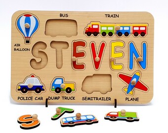 Rompecabezas de nombre de niño, regalos de cumpleaños para bebés, juguetes Montessori de madera, regalo de Navidad para niños pequeños, vehículos, rompecabezas de transporte para niños, tabla ocupada